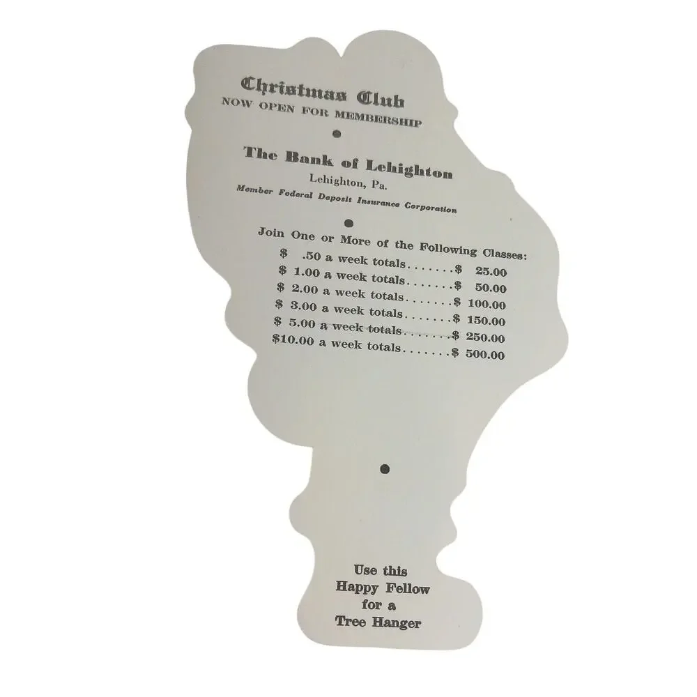 Vintage Bank of Leighton Christmas Club Die Cut Santa Claus Advertising